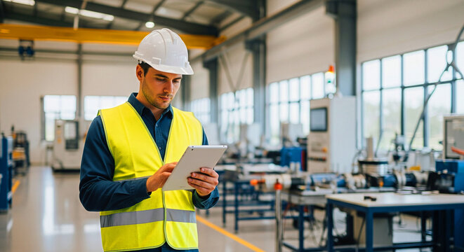 Focused engineer reviews data on tablet within a modern manufacturing facility
