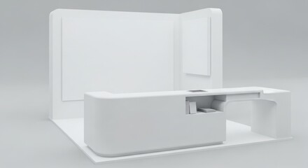 A minimalist, white exhibition booth with a curved reception desk and a blank display panel, rendered in a clean, modern style.