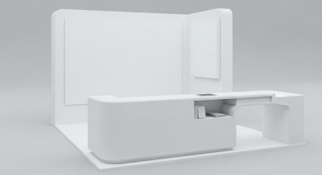 A minimalist, white exhibition booth with a curved reception desk and a blank display panel, rendered in a clean, modern style.