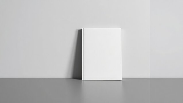 A blank white rectangular object leaning against a plain, light-colored wall.