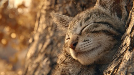 Fototapeta premium Sleepy tabby kitten nestled in a tree trunk. Golden light filters through the leaves