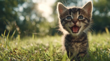 Naklejka premium Adorable kitten in grassy field, wide-eyed and mewing, bathed in sunlight