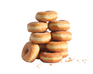 Sugared doughnuts stacked isolated on white background for sweet dessert and bakery treat concepts
