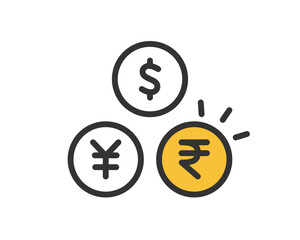 Currency Icons of Dollar, Yen, and Rupee Coins Vector Illustration