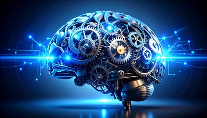 Futuristic mechanical brain with gears and glowing circuits on a blue background, representing artificial intelligence, advanced technology, and complex thought processes.