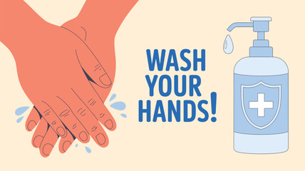 Illustration of hands washing with soap and water with wash your hands text for hygiene awareness
