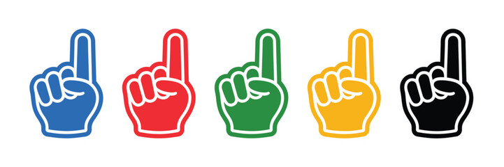 Colorful foam fingers in different colors showing number one gesture in flat vector illustration
