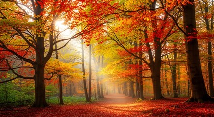 Fototapeta premium Autumn Canopy Path: A breathtaking view of a winding path through a vibrant forest during autumn, the sunlight filtering through a canopy of leaves painted in rich hues, creating a scene of serenity.