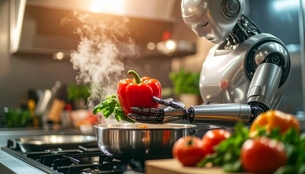 A futuristic robot chef prepares a healthy meal in a modern kitchen, holding a red bell pepper over a steaming pot, illustrating technological advancements in domestic life.