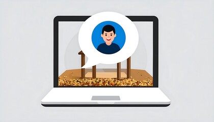 Laptop screen displaying a cartoon person's profile picture in a speech bubble above a landscape