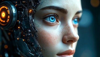 Close-up of a futuristic human-like robot or cyborg with bright blue eyes and intricate mechanical details on her head, representing advanced artificial intelligence and technology.