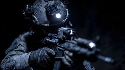 Elite Special Forces Soldier Aiming Rifle with Night Vision Goggles in Dark Tactical Environment