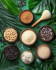 Natural spa ingredients arranged on a green background.  Tropical leaves surround bowls of powders, beads, and salts.  Cosmetic brush included