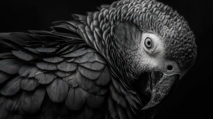 Obraz premium Close-up, monochrome parrot head with detailed plumage and bright eye against dark background