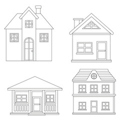 A group of simple house line drawings with distinct styles, great for kids' coloring pages, activity books, and educational materials. These easy-to-color designs are perfect for young children.