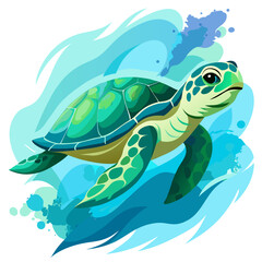 vector illustration of sea turtle, swimming, watercolor