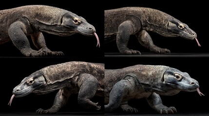 Obraz premium Four close-up views of a Komodo dragon, showcasing different angles and slight variations in posture, against a black background