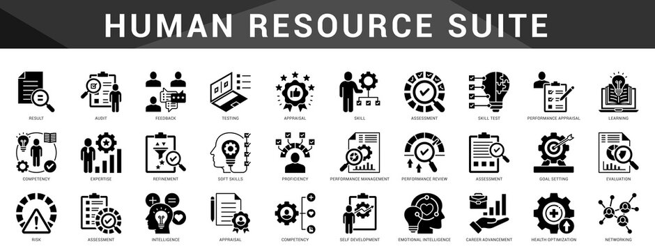 HR focused icon set for recruitment, training, payroll, and performance management in people oriented businesses.
