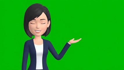 Animated businesswoman in a blue suit presenting with an open hand gesture against a green screen background, ideal for presentation or educational content. - Powered by Adobe