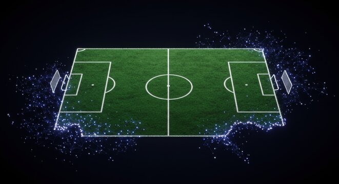 Digital Soccer Field with Glowing Network Overlay Representing Global Sports Technology and Data Connectivity