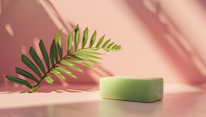 Pastel Green Product Display; Leaf, Sunlight, Pink Background