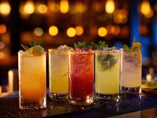 Colorful Fruit Mocktails Backyard Terrace Summer Night Friends Gathering Neon String Lights Bokeh