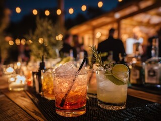 Colorful Fruit Mocktails Backyard Terrace Summer Night Friends Gathering Neon String Lights Bokeh