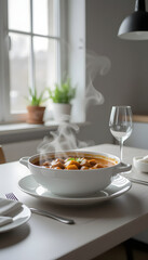 Elegant Studio Shot of Hot Dumpling Soup in a White Bowl