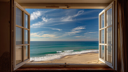 Beautiful ocean view from an open window overlooking the beach