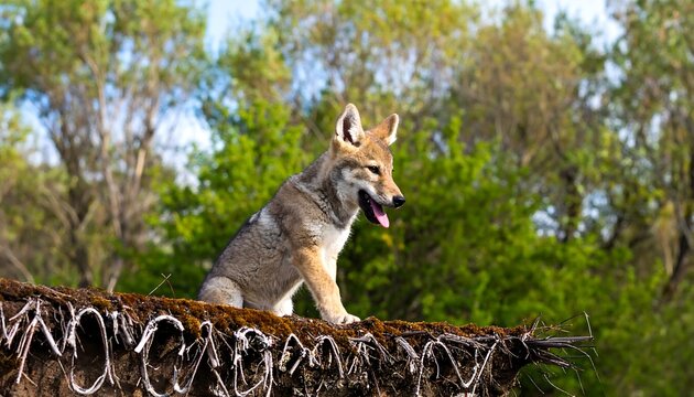 A young coyote pup sits perched atop a natural mound