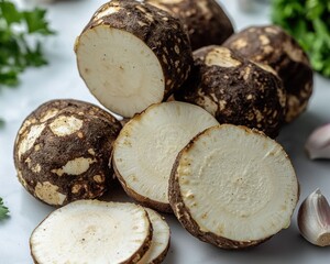 Close-up of sliced dark-skinned root vegetables