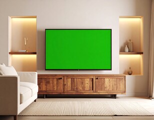 Living Room Interior with Green Screen TV and Wooden Furniture, Modern Living Room with Stylish Green Screen Television and Elegant Decor