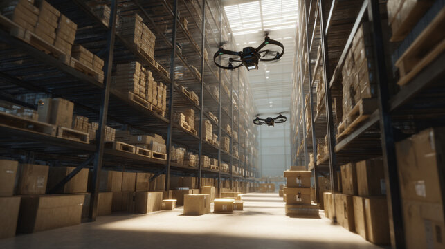 Inside a vertical warehouse, drones operate in 3D space, moving items from high shelves to robotic sorters on the ground. 