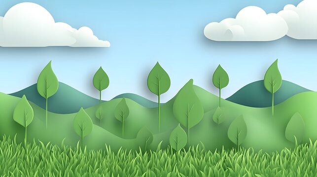 Paper Cut Style Green Landscape Hills Grass Trees Clouds Nature