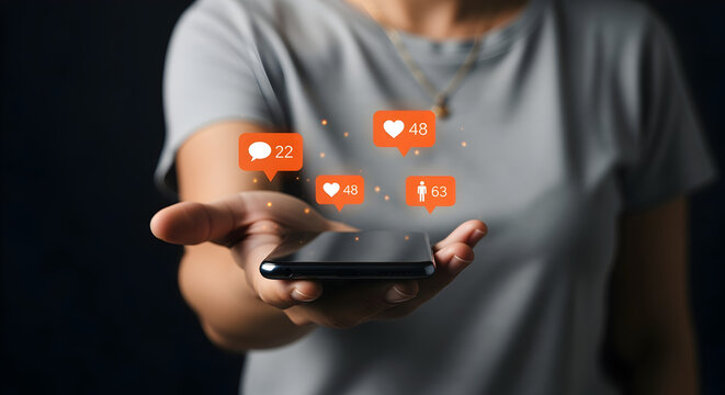 Woman Holds Smartphone with Floating Social Media Notification Bubbles in Dark Background