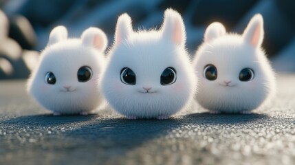 Fluffy white bunnies in a row against a snowy backdrop