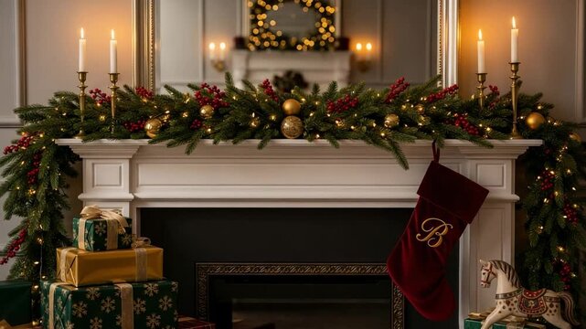 B Monogrammed Christmas Stocking hanging on a festive fireplace mantel. Cozy holiday scene with garland, presents, and warm candlelight.