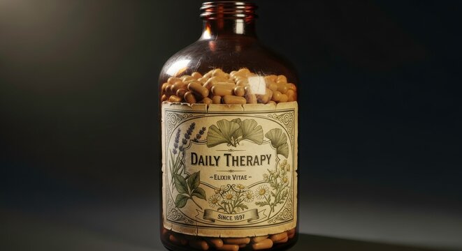 Vintage medicine bottle with herbal capsules, intricate label design featuring natural ingredients, concept of wellness and holistic healing in therapeutic use