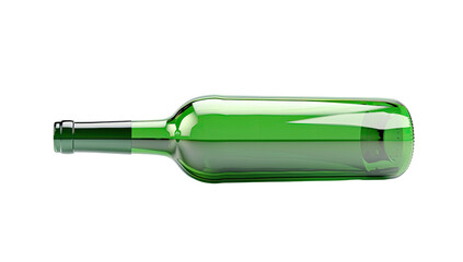 A glossy emerald green wine bottle, lying horizontally, is depicted.  The bottle is transparent, with the color visible through the glass.  The neck and base are clearly visible