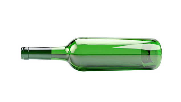 A glossy emerald green wine bottle, lying horizontally, is depicted.  The bottle is transparent, with the color visible through the glass.  The neck and base are clearly visible - Powered by Adobe