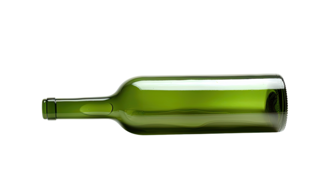 Green glass wine bottle, lying horizontally, clear transparent contents visible