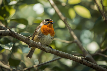 Fototapeta premium A vibrant wild bird perched on a branch with a blurred forest background