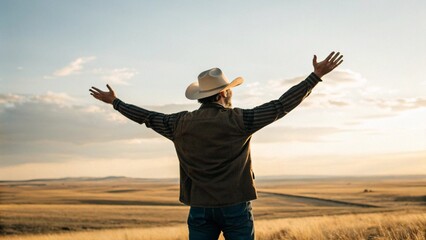 A person in a cowboy hat standing on a high point, with his back to the camera, embracing the dramatic view of a rolling field under a beautiful, expansive sky