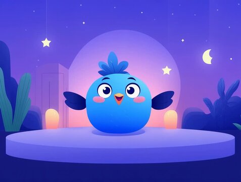 Cute Cartoon Bird Resting Under a Night Sky with Stars and Moon