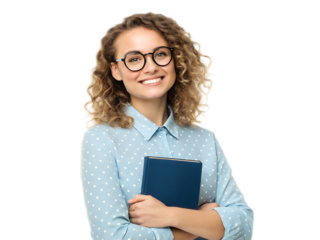 Portrait of a smiling woman with curly hair wearing glasses and holding a blue book in her arms