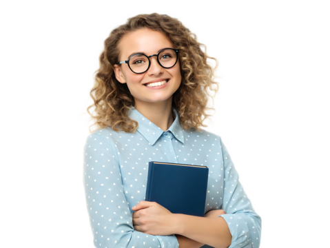 Portrait of a smiling woman with curly hair wearing glasses and holding a blue book in her arms