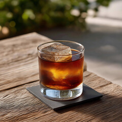 Elegant Whiskey Cocktail in Glass with Ice Cubes on Wooden Table in Bar Setting Featuring Luxury Lifestyle and Relaxing Atmosphere