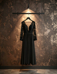 Elegant Black Dress Hanging Under Spotlight in Luxurious Setting, Classic Black Dress with Lace Details in an Upscale Interior