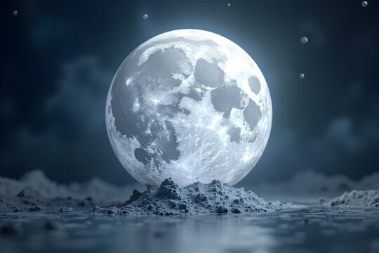 Full Moon Rising Above Landscape at Night with Dark Sky