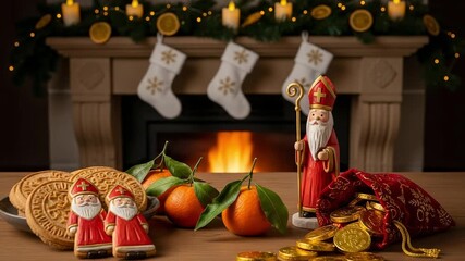 Sinterklaas treats on a table in front of a cozy fireplace. Traditional Saint Nicholas Day celebration with cookies, chocolate coins, and tangerines.